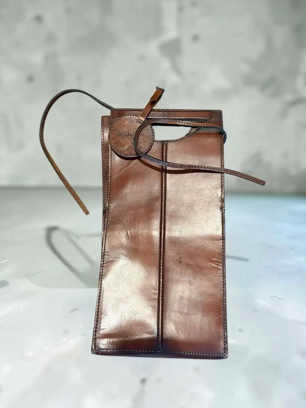 Vintage Handcrafted Brown Leather Double Wine Bottle Tote Bag Carrier Case